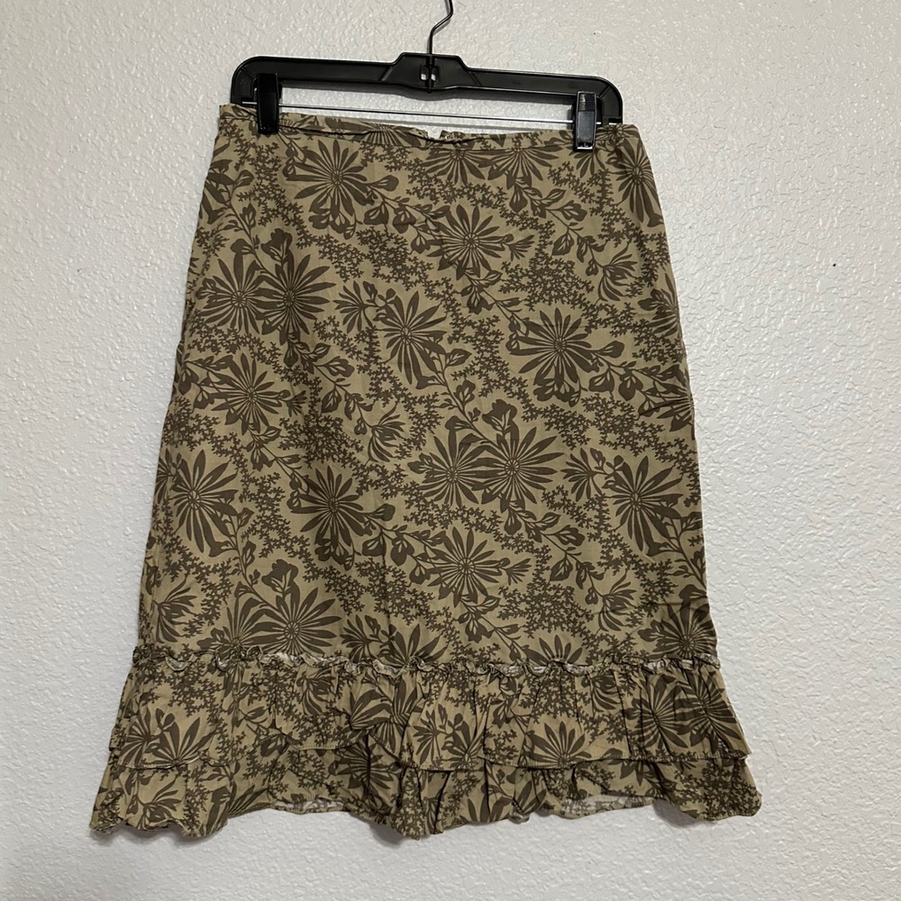 Old Navy Floral Ruffle Hem Midi Skirt Green Brown Cotton Size 8